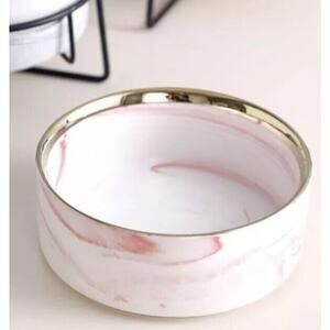 Pink White Marble Swirl Pet Bowl Water Food Dog Set Ceramic